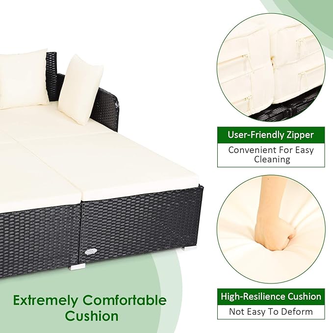 Tangkula Outdoor Rattan Daybed Wicker Furniture with Spacious Seat Upholstered Cushion &amp High-Resilience Sponge Patio Sofa Set with 4 Pillows 2-Person Sunbed for Poolside Backyard Garden &amp