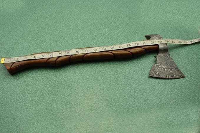20 Inches Long Damascus Steel Tomahawk Axe Engraved Rose Wood Handle Bearded Hiking Battle Axe Hand Forged Damascus Steel Head Thick Cow Hide Leather Sheath