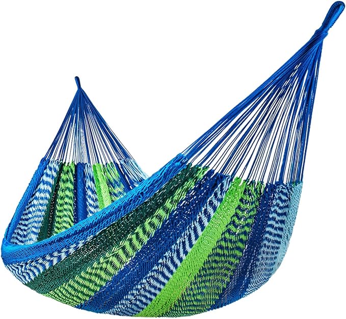 Lazy Daze Hammocks Handwoven Mayan Hammock 10.5 FT Soft Rope Double Hammocks Portable Outdoor Hammock with Carry Bag 2 Straps &amp Carabiners for Patio Outside 550 lbs Weight Capacity Blue/Green
