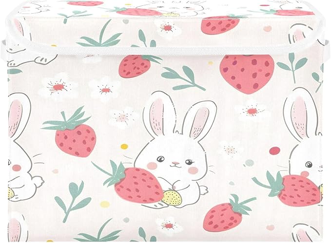 Rabbit Strawberry Large Collapsible Storage Bins with Lids Easter Storage Baskets Organizer Containers with Handles for Nursery Clothes Toys