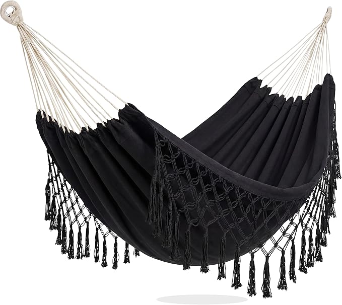 PNAEUT Double Hammocks for Outside Replacement 2 Person Outdoor Tree Hammock for Indoor Patio Porch Garden (Tassel Black Medium)