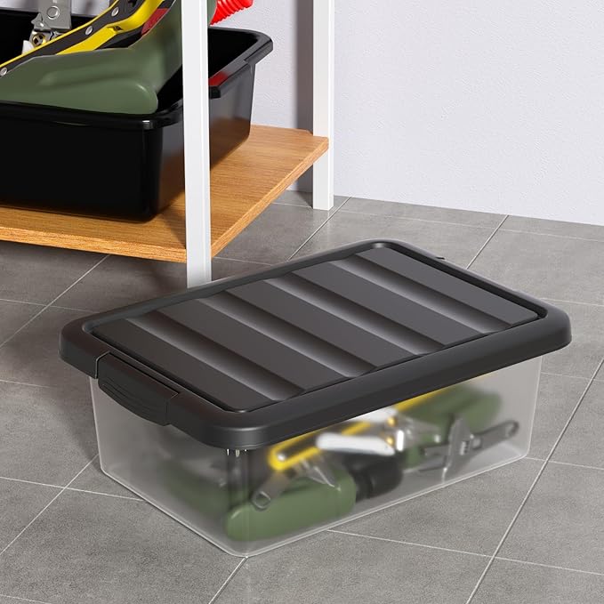 Vcansay 2 Pack 14 Quart Plastic Clear Latching Storage Container Frosted Stackable Bin with Black Lid Under Bed Storage Boxes for Closet Pantry Home Organization