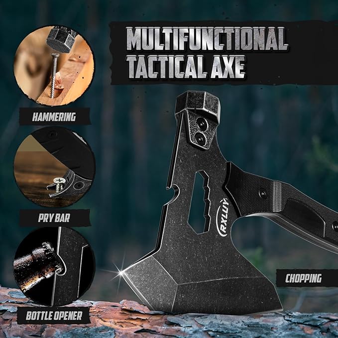 Tactical Axe with G10 Handle Camping Survival Hatchet Multifunctional Outdoor Hiking Heavy Duty Full Tang Tomahawk Tools with Hammer Unique Design Crowbar Leather Sheath (Black)