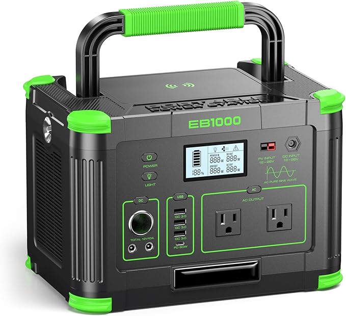 1000W Portable Power Station 999Wh Solar Generator Backup Battery with Pure Sine Wave Solar/AC/Car Chargable for Camping RV Home Emergency &amp Outdoor Adventures
