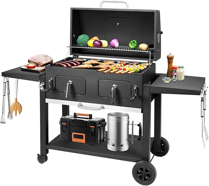 Kenadne Charcoal Grill Outdoor BBQ Grill Extra Large Cooking Area 794 Square Inches with Two Individual &amp Adjustable Charcoal Tray Foldable Side Tables for Outdoor Cooking grill Backyard