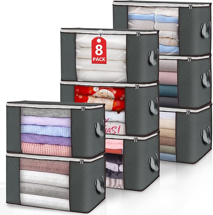 Large Storage Bags 8 Pack Clothes Storage Bins Foldable Closet Organizers Storage Containers with Durable Handles Thick Fabric for Blanket Comforter Clothing Bedding 90 L (Gray)