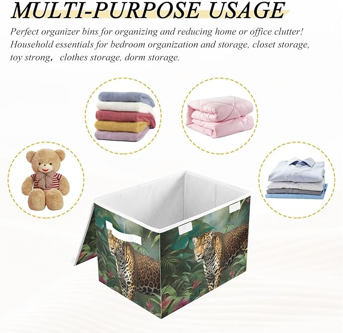 Leopard in Jungle Storage Cube with Lid Collapsible Flip-top locker Fabric Storage Bins Basket with Handle for Home Bedroom Closet Office 16.5×12.6×11.8 in