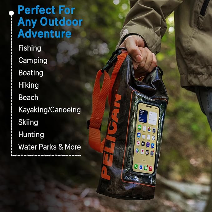 Pelican Marine IP68 Waterproof Dry Bag 2L - Roll Top Waterproof Backpack w/Phone Case/Pouch - Boating &amp Kayak Accessories - Essentials for Camping Swimming Beach Fishing Rafting Travel - Hunter Ca