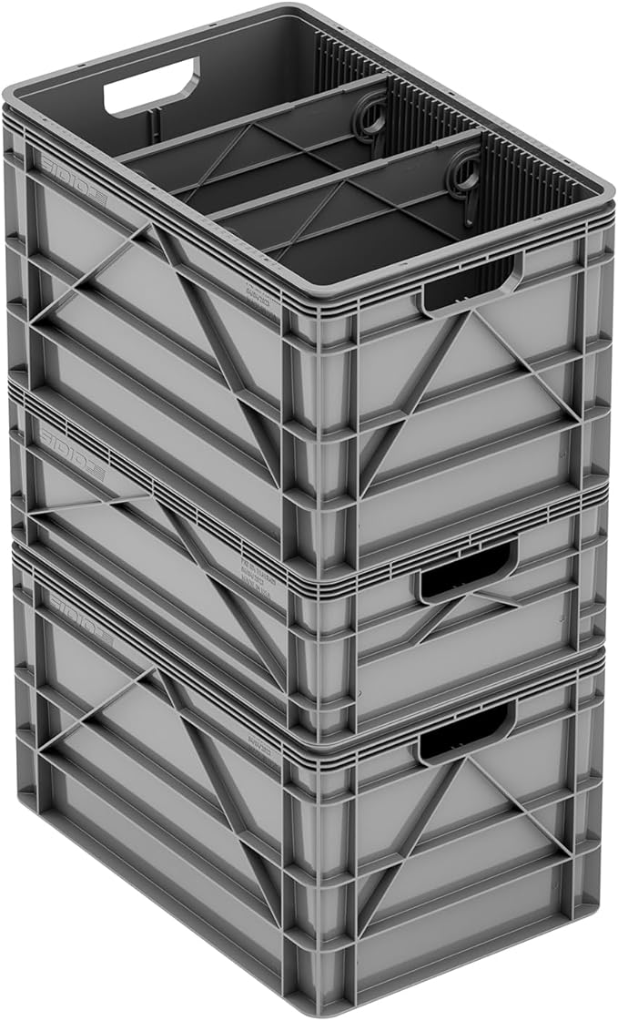 SIDIO Crate Basic Pack - 2 Full-Size &amp 1 Half-Size Heavy Duty Stackable Storage Bins Totes and Containers with Dividers - Durable Plastic Organizer for Home Office Garage and Outdoor Use Gray