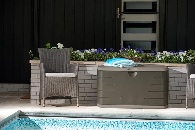 Rubbermaid Medium Resin Outdoor Storage Deck Box (73 Gal) Weather Resistant Brown Deck Organization for Home/Backyard/Pool Chemicals/Toys/Garden Tools/Porch/Patio Cushions