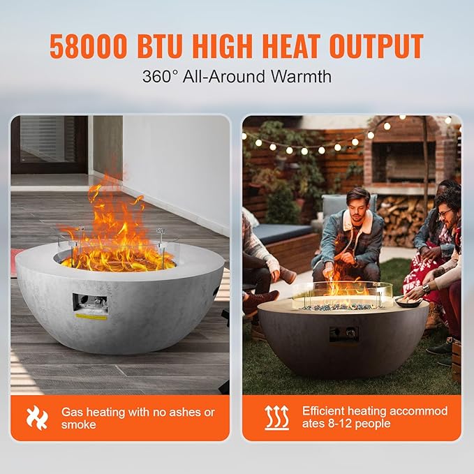 VEVOR Propane Fire Pit Outdoor Concrete Gas Fire Pit 39 in Tabletop with Lava Rocks LidRain CoverAdjust Flame Height Camping Firepit for Heating Lighting 50000 BTU