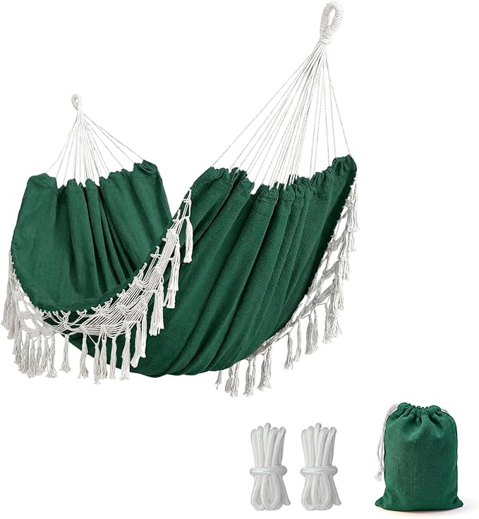 Double Boho Macrame Hammock with Elegant Tassels for Patio Yard Beach Wedding Decor Outdoor and Indoor Up to 450lbs Include Tie Ropes and Drawstring Bag （Green）