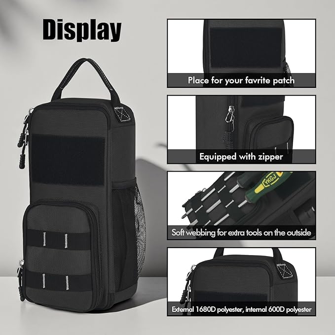LAKE OF FIRE 12.6 Small Tool Bag Pouch for Men with Multiple Pockets Waterproof Heavy Duty Tool Bag Organizer with Zipper and Portable Handle (Black)