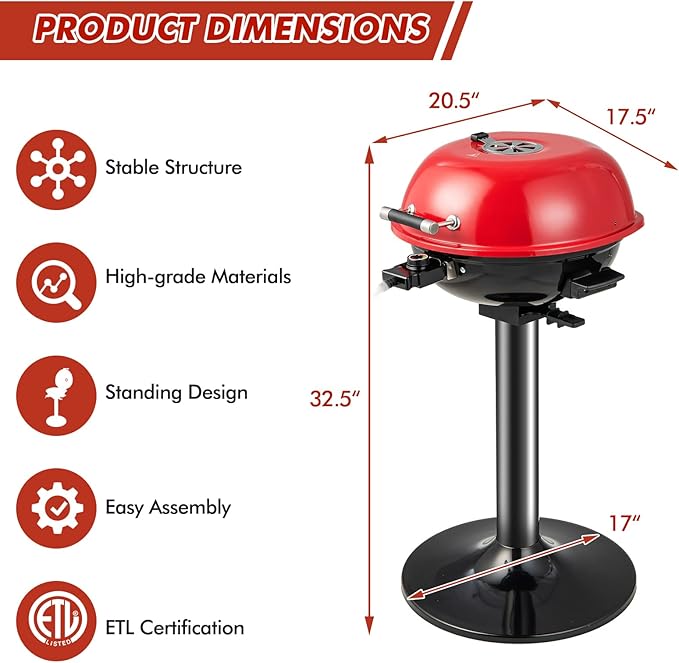 HAPPYGRILL Electric Grill Outdoor 1600W Barbecue 15-Serving for Indoor &amp Outdoor Use Portable Stand BBQ Grill for Cooking Patio Kitchen Garden Red