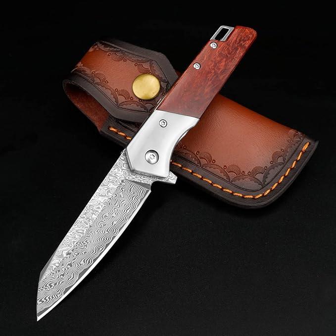 KOMWERO Damascus Pocket Knife with Clip Leather Sheath 3.14 inch Sharp Damascus Steel Knife with Rosewood Handle EDC Damascus Folding Knife for Men Women Camping Collection