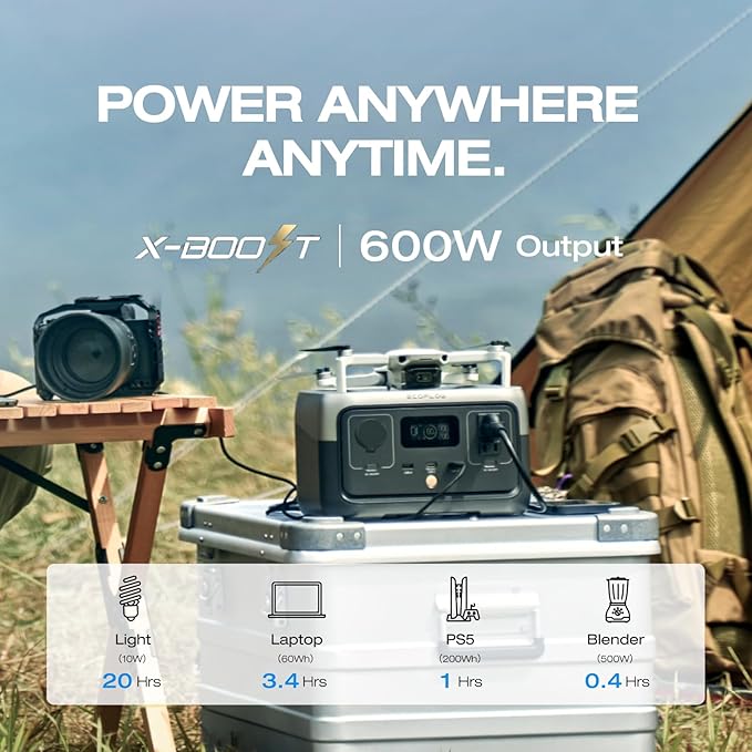EF ECOFLOW Portable Power Station RIVER 2 256Wh LiFePO4 Battery/ 1 Hour Fast Charging 2 Up to 600W AC Outlets Solar Generator (Solar Panel Optional) for Outdoor Camping/RVs/Home Use