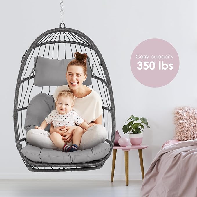 Hanging Egg Chair Without Stand - Foldable Indoor Outdoor Wicker Rattan Swing Egg Chair with Hanging Chain Hammock Chair - UV Resistant Cushions &amp Aluminum Frame for Bedroom Patio Camping (Grey)