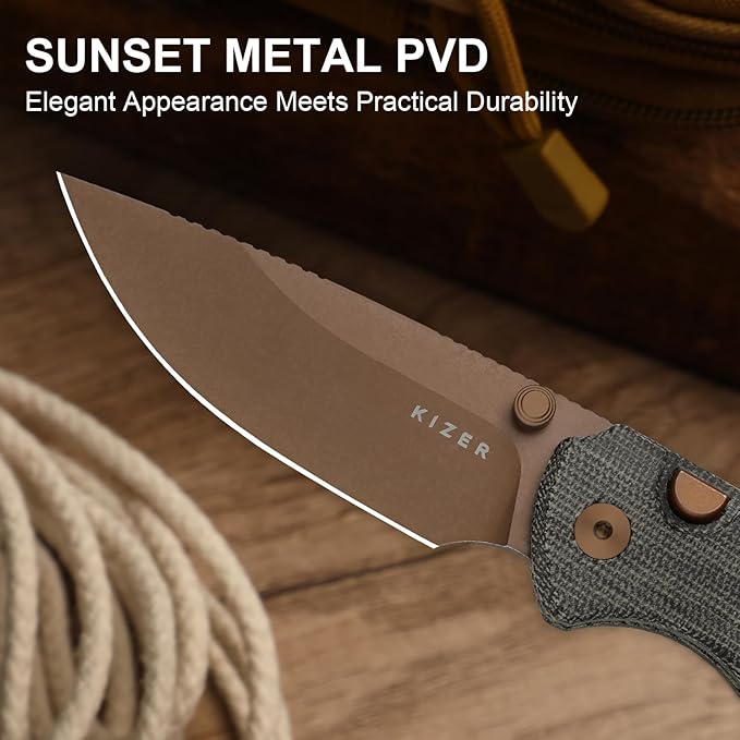 Kizer T1 BD EDC Pocket Knife 3.2 Nitro-V Steel Drop Point Folding Knives with Micarta Handle Thumb Stud Opener Button Liner Lock for Camping Hiking Fishing V3490.2BA2