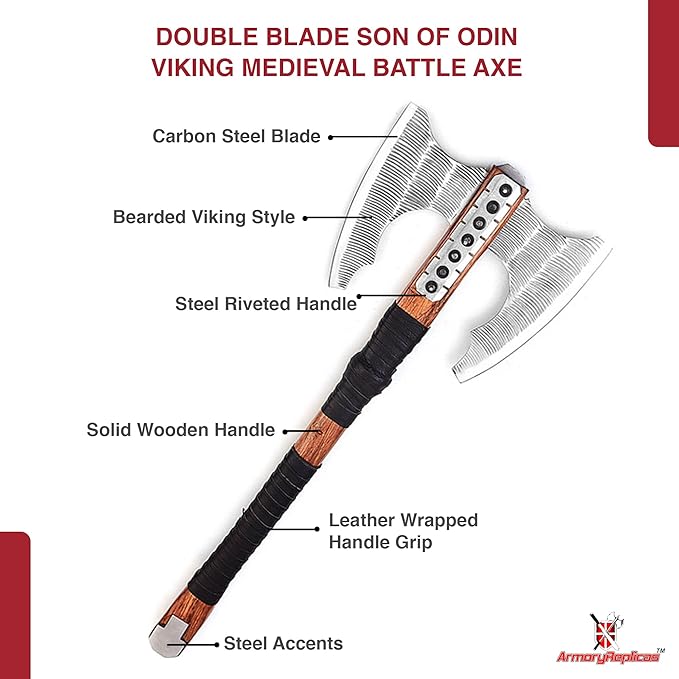 Armory Replicas™ Viking Double-Bladed Axe with Carbon Steel Blades and Leather-Wrapped Walnut Handle