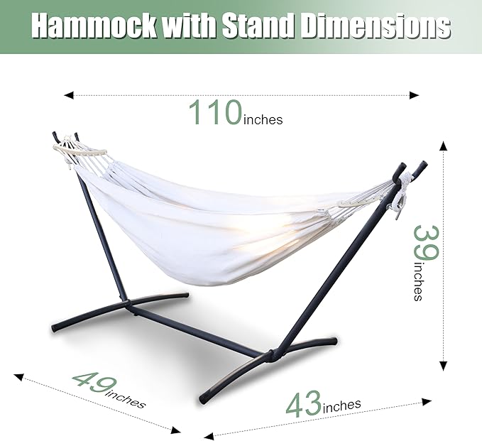 2 Person Hammock with Stand for Indoor &amp Outdoor 550lbs Sturdy Steel Frame - Anti-Flip Curved Bars Safety - Comfortable Cotton Portable Hammock for Patio Sunroom Bedroom Natural Beige