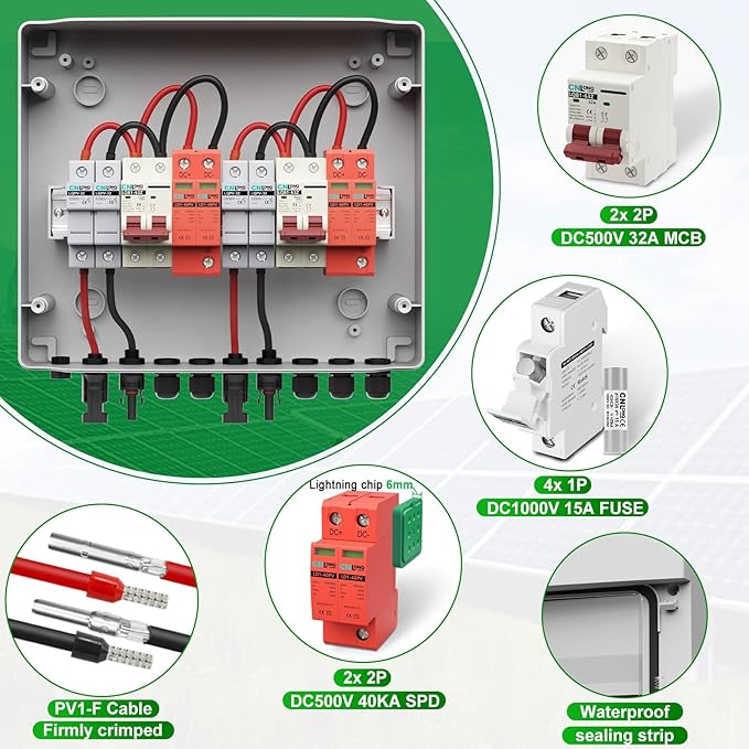 2 String Solar PV Combiner Box 2 in 2 Out IP65 DC500V 32A Circuit Breaker with Surge Protector and 15A PV FuseSolar Disconnect Switch Outdoor Waterproof for Solar Panels System