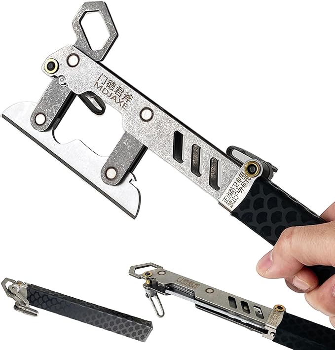 MDJXE Morphing Tactical Axe - 1S Quick Deployment Folding Survival Hatchet with 1065 High Manganese Steel Mechanical Gear Structure Extendable Handle Heavy Duty Camping &amp Emergency Tool (B)