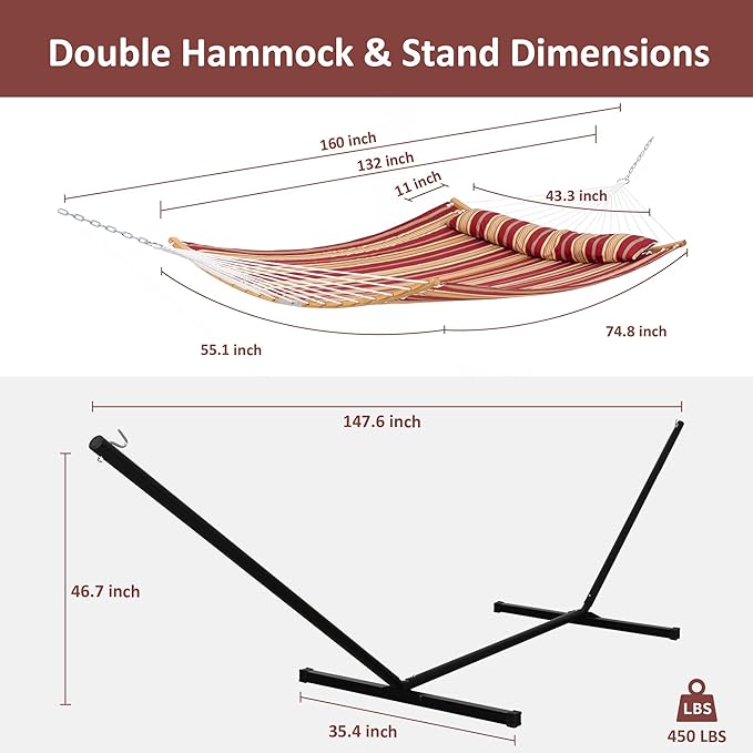 SUNCREAT Hammocks Portable Hammock with 12 ft Stand Included Double Hammock with Curved Spreader Bar Red Stripes