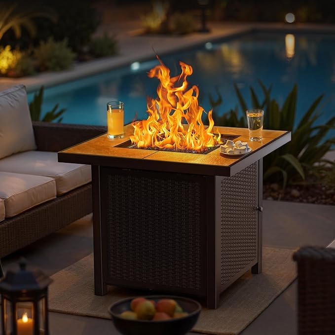 BALI OUTDOORS Propane Gas Fire Pit Table 32 inch 50000 BTU Square Gas Firepits for Outside Brown