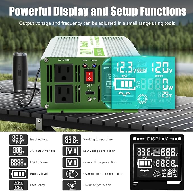 Newdeli 1200W Pure Sine Wave Inverter 12V to 110V 120V AC Converter Car Power Inverter for Vehicles RV Truck Solar Outdoor with 2 AC Socket 5V 3.4A USB LCD Display and Remote Controller