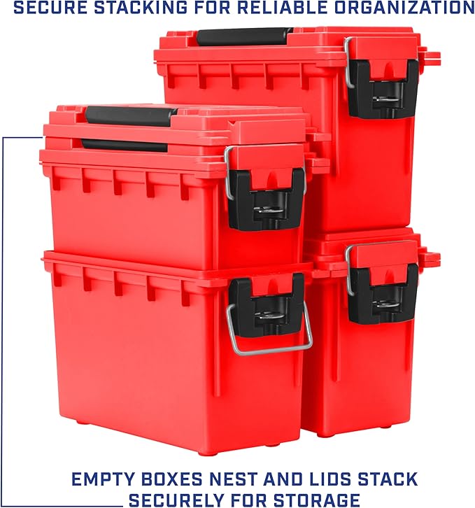 Sheffield 12636 Ammo Storage Box Stackable .30 Cal Field Boxes Water and Dust Resistant Lockable Storage Box with Handle Secures Hunting Gear Supplies and Bullets Made in USA Red (Pack of 6)