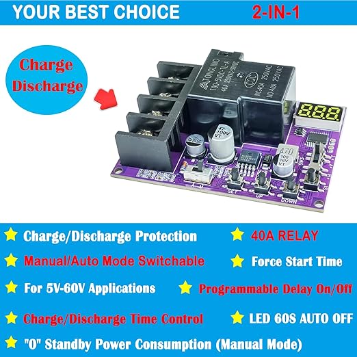 2PCS Low Voltage Disconnect and Charging Discharging Protection 2 in 1 40A DC 5V-60V Low Voltage Cutoff with LCD Display Low Voltage Protector Disconnect Switch Module Charging Discharging