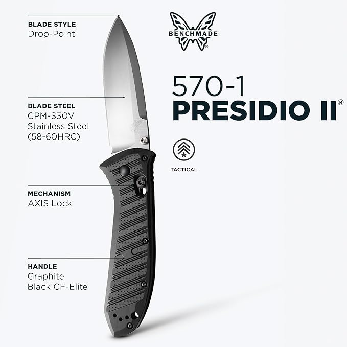 Benchmade - Presidio II Tactical Every Day Knife Drop-Point Blade with Graphite Black CF Elite Handle (570-1)