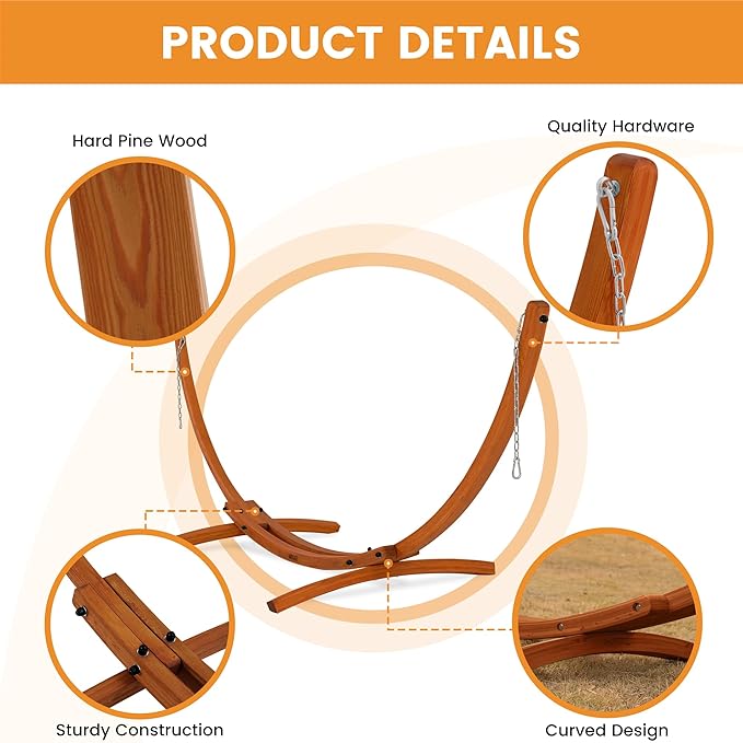 Lazy Daze Hammocks 12 FT Outdoor Arc Wood Hammock Stand 2 Person Hard Pine Wood Hammock Stand with Carabiners and Chains for Outdoor Patio Garden Yard Poolside 400lb Capacity Brown