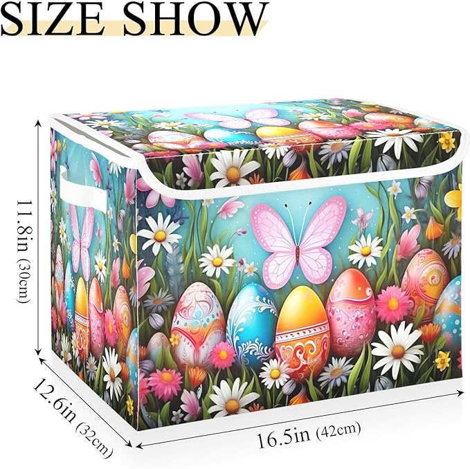 Christmas Storage Baskets with Lids Colorful Eggs and Butterfly Collapsible Bins Stackable Fabric Linen Baskets Closet Organizer Container 16.5x12.6x11.8