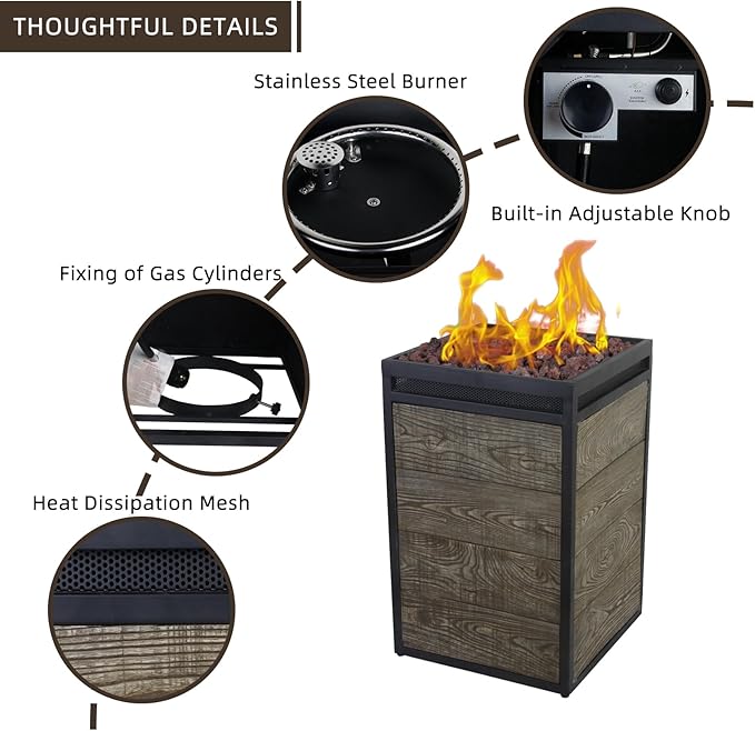 Afterglow Terrafab Grey Panels with Steel Frame 16 Square 40000 Btu Propane Fire Column Outdoor Wood Effect Fire Pit for Outdoor Patio Garden Backyard Decking Decor CSA Certificated