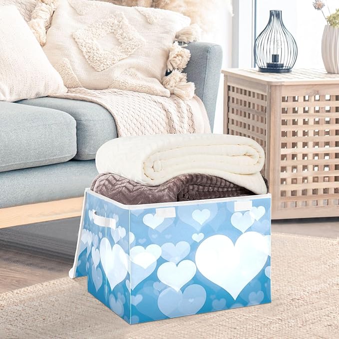 senya Valentines Baskets Collapsible Storage Bins with Lids Blue Abstract Heart Storage Boxes Clothes Baskets for Organizing