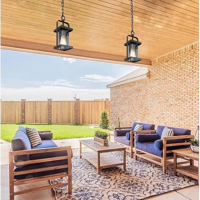 classy leaves Black Outdoor Pendant Lights Exterior Pendant Light with Clear Glass Porch Hanging Lantern Light Fixtures in Brushed Black Finish
