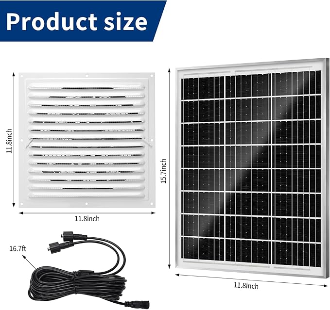 High-Speed Solar Attic Fan Kit 2pcs 20W Solar Panels + 25W DC Fan (Max 1500RPM) Plug and Play for Attic Roof Vent Greenhouse or Chicken Coop