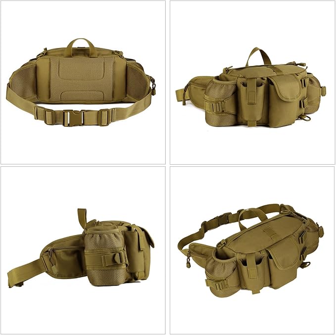 Huntvp Tactical Waist Pack Bag with Water Bottle Pocket Holder Military Fanny Packs Waterproof Hip Belt Bag Pouch for Hunting Camping Trekking (Brown)