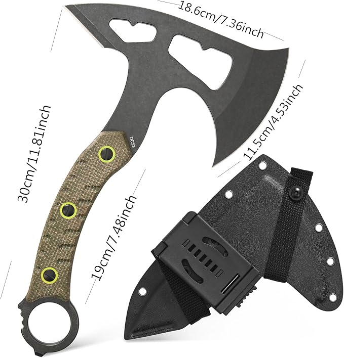 C1392 Camping AxesDC53 Steel Blade with Micarta Handle Chopping Axe Bushcraft Camping Axes Survival Hatchet with Kydex Sheaths for Hiking Hunting Camping Splitting Chopping Wood(Green)