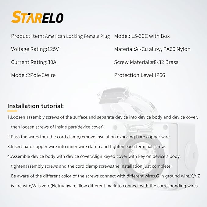 STARELO 30 Amp Locking Female Plug Box NEMA L5-30C Generator Twist Lock Adapter Female Connector125 VoltOutdoor dustproof and Weatherproof for generators Welding Machines etc.ETL Listed.