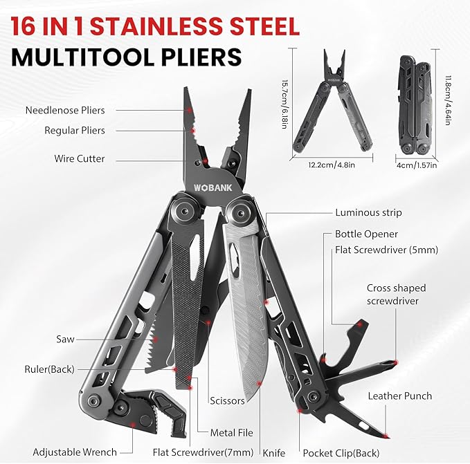 Multitool 16-in-1 Stainless Steel Multi Tool Pliers with Adjustable Hex Wrench Damascus Pocket Knife Nylon Sheath for Survival Camping and Hunting Hiking Simple Repair