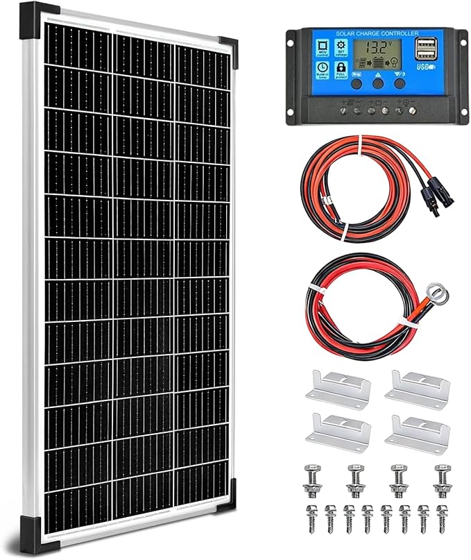 Solar Panel Kit 100W 12V MonocrystallineBattery Maintainer +20A Solar Charge Controller +16.4Ft Extension Cable with Battery Clips O-Ring Terminal for RV Marine Boat Off Grid System
