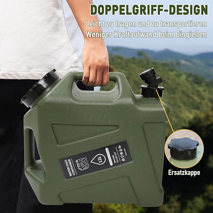 3.2 Gallon Water Jug12L Portable Water Container with Spigot Cleaning Brush Detachable Hose &amp Extra Lid Dual Handles Design BPA-Free Camping Hydration Canteen Outdoor Tank Storage PE - Green