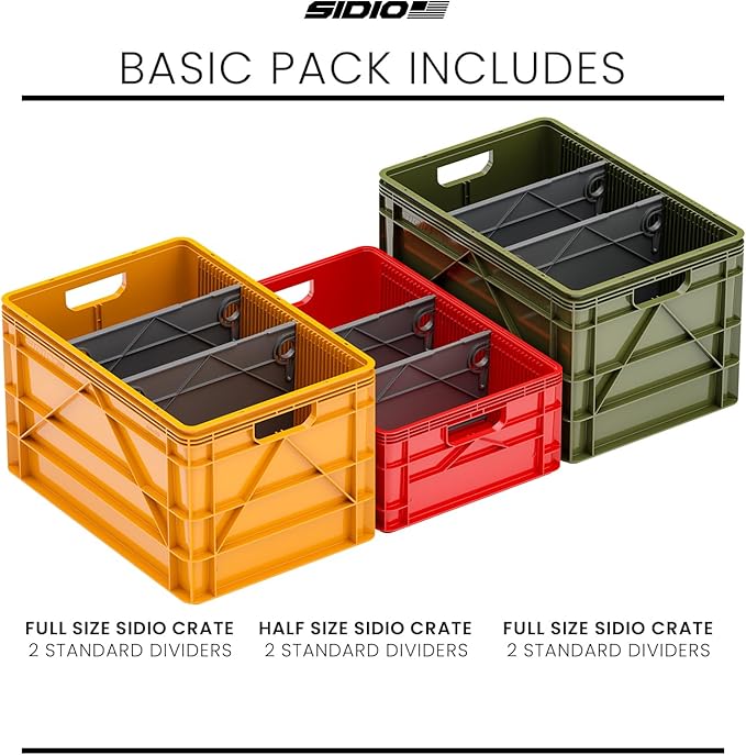 SIDIO Crate Basic Pack - 2 Full-Size &amp 1 Half-Size Heavy Duty Stackable Storage Bins Totes and Containers with Dividers - Durable Plastic Organizer for Home Office Garage and Outdoor Use