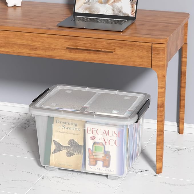 Sadstory 30 Quart Clear Latching Tote Bin with Lid Plastic Storage Box with Wheels 4 Packs