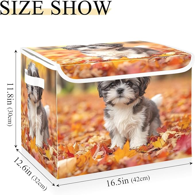 AIXIWAWA Lidded Storage Cube (Fall Puppy) Fabric Foldable Closet Bins with Flip Lid and Handles Organizer Basket Container 16.5 x 12.6 x 11.8 IN