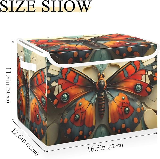AIXIWAWA Lidded Storage Cube (Butterfly Artwork) Fabric Foldable Closet Bins with Flip Lid and Handles Organizer Basket Container 16.5 x 12.6 x 11.8 IN