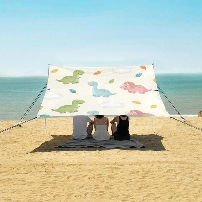xigua Dinosaur Beach Tent Sun Shelter with Carrying Bag - Silver Coated Oxford Fabric Beach Canopy for Beach Camping Fishing - Includes Windproof Ropes Sandbags &amp Stakes