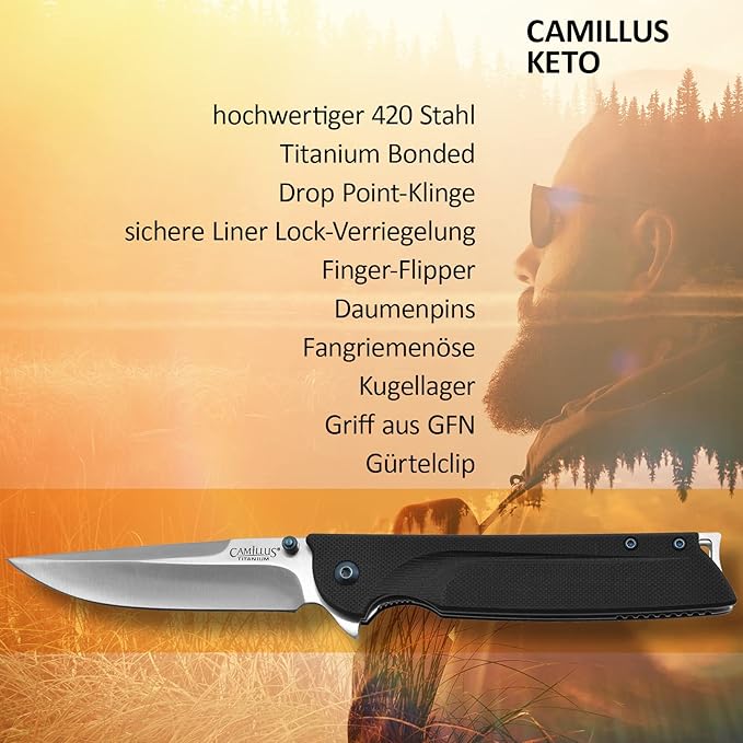 Camillus 19392 Keto Titanium Bonded 420 Stainless Steel Drop-Point Folding Knife with 3 Blade and Pocketclip 8 Length
